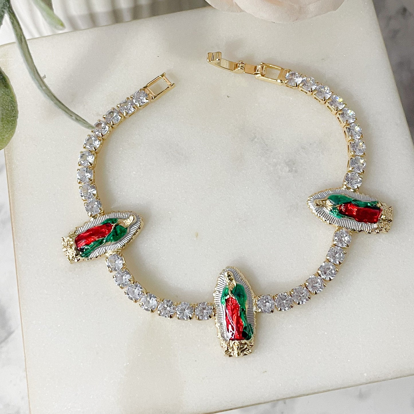 Virgen De Guadalupe, Tennis Bracelet, Gold Plated 14k