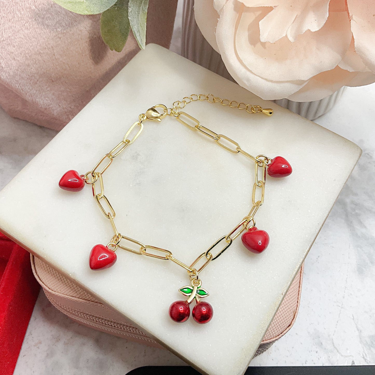 Cherry, Paperclip Bracelet 14k Gold Plated