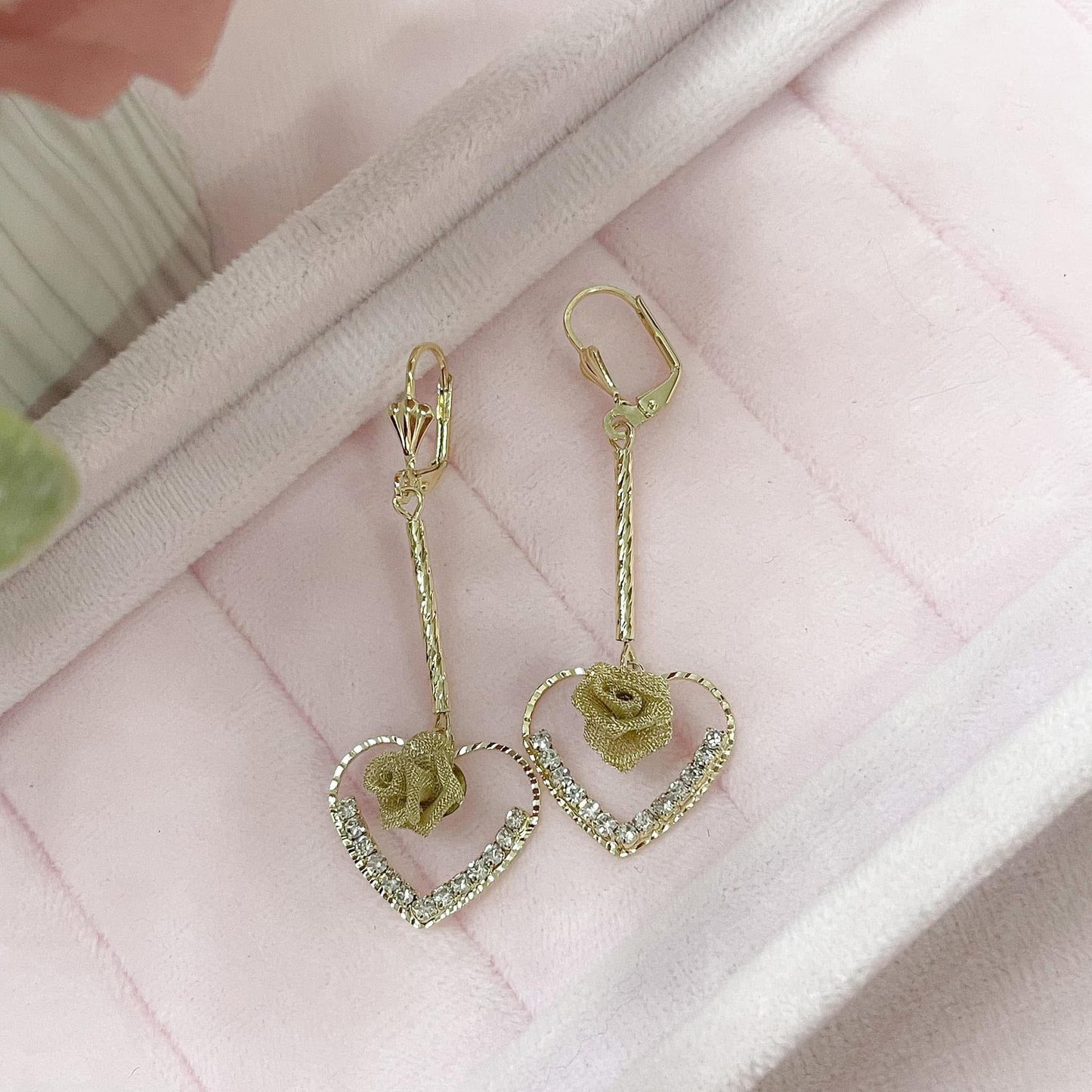 Brown Rose Heart Earrings, 14k Gold Plated