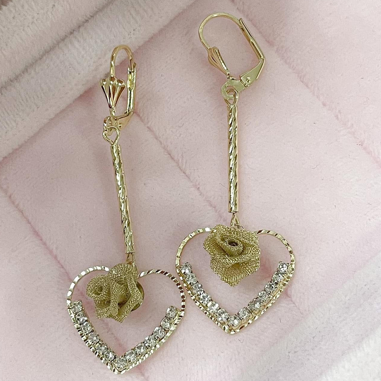 Brown Rose Heart Earrings, 14k Gold Plated