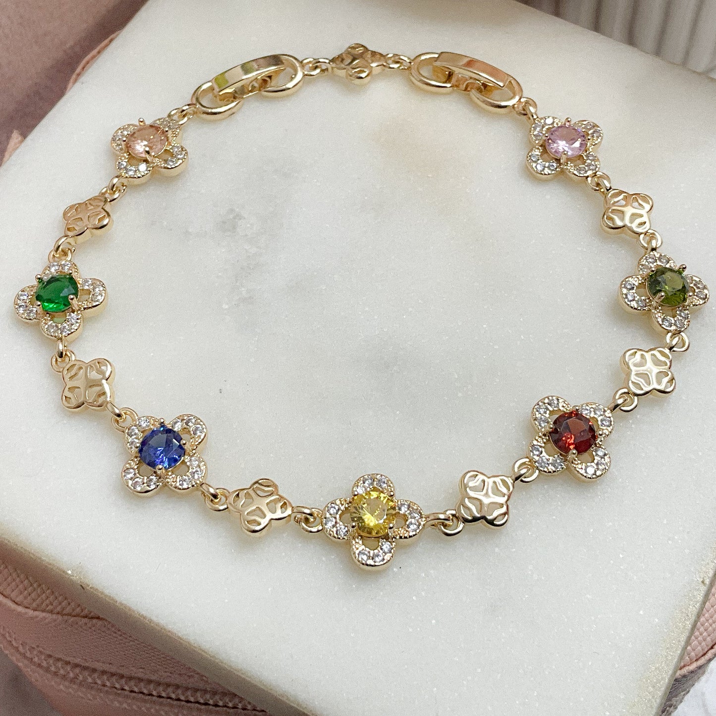 Multi Color Clover Bracelet 14k Gold Plated