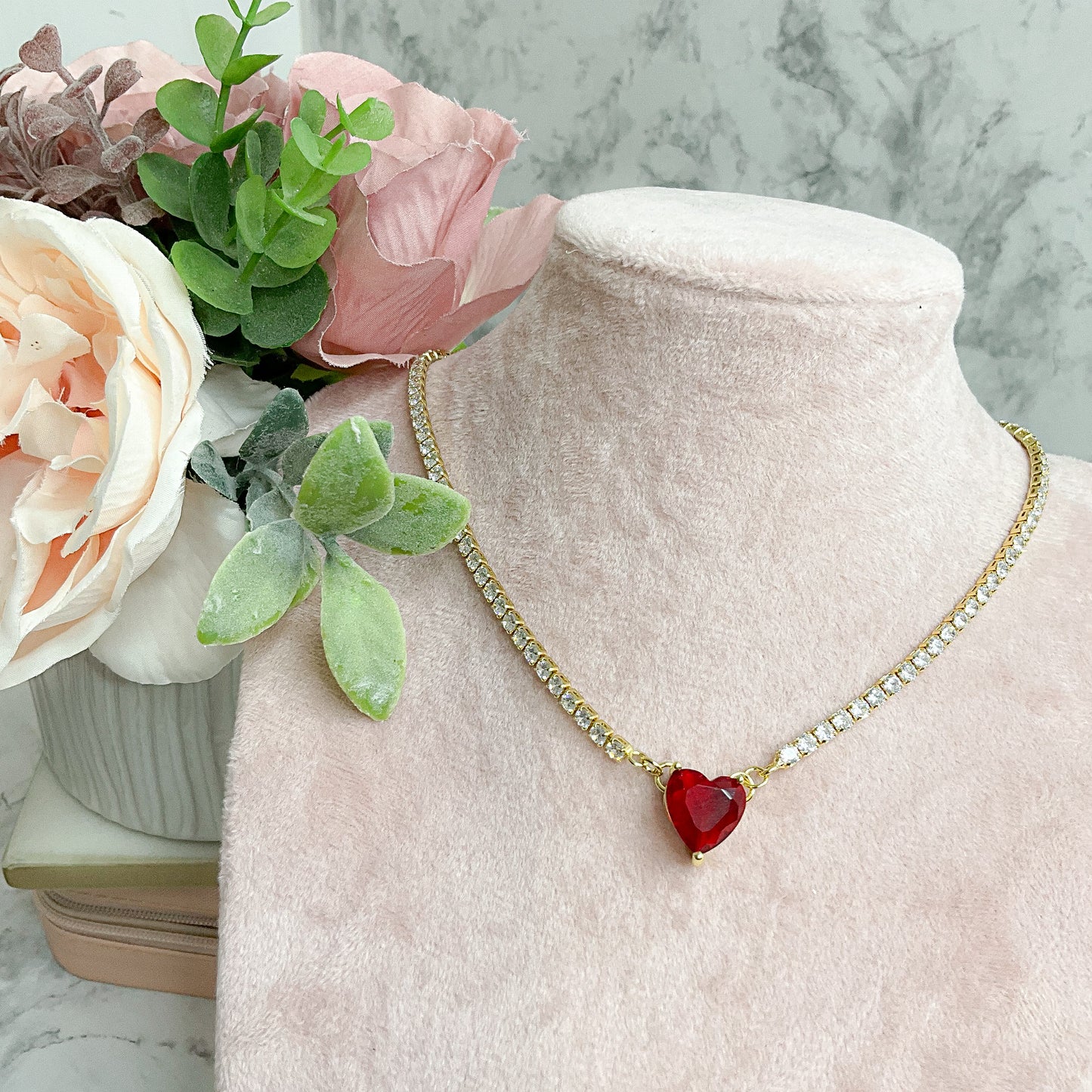 Rhinestone 14k Gold Plated, Red Heart Statement Zirconia