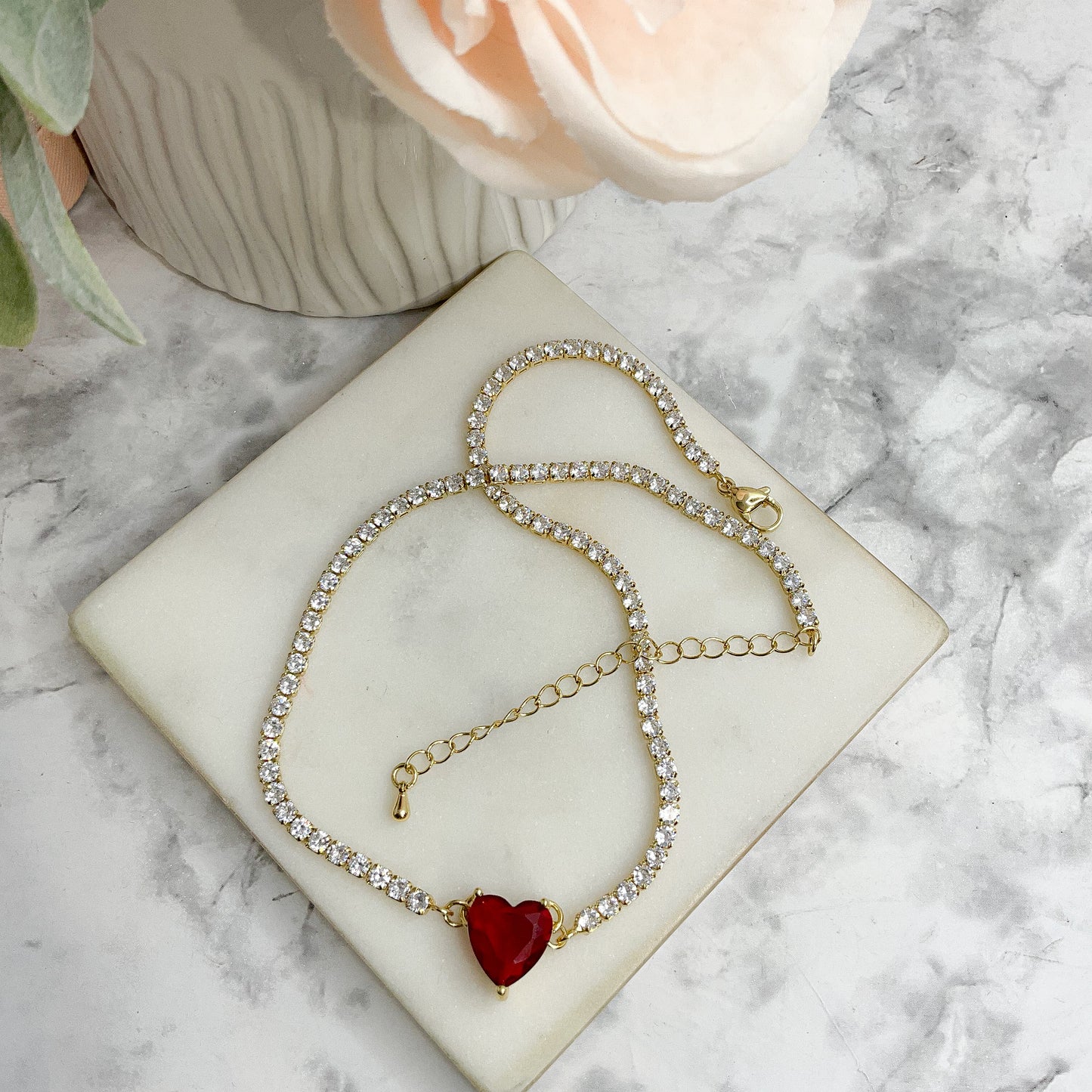 Rhinestone 14k Gold Plated, Red Heart Statement Zirconia