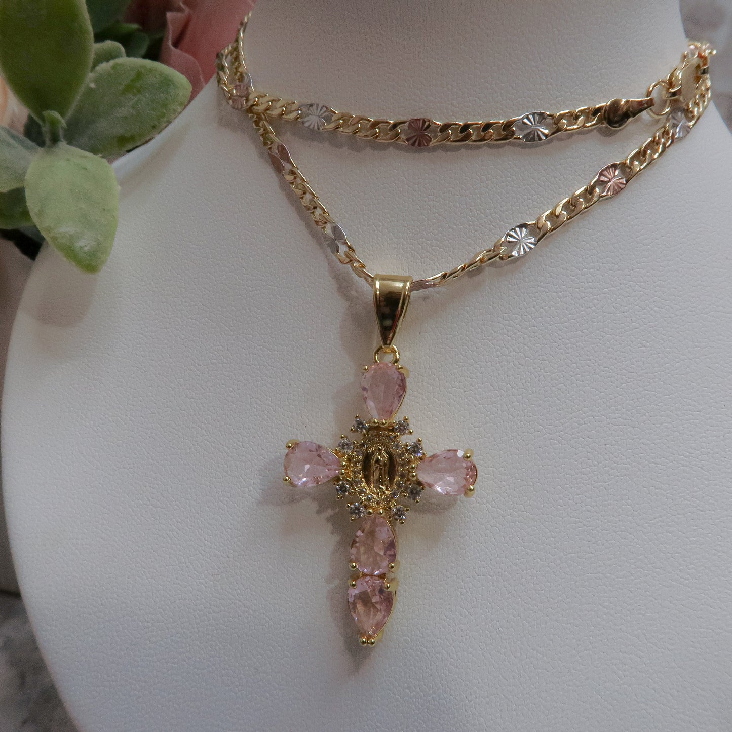Tri-color necklace, 14k Gold Plated, Virgen de Guadalupe Pink Cross