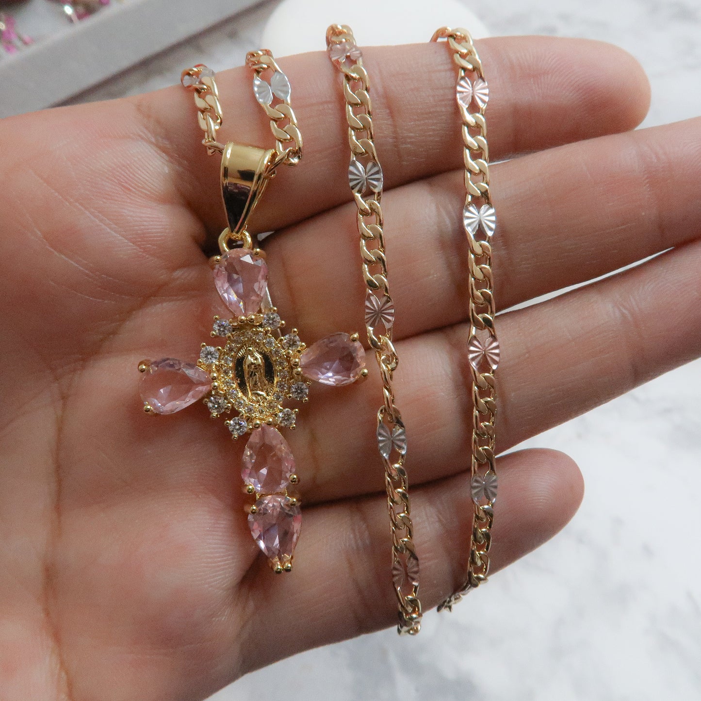 Tri-color necklace, 14k Gold Plated, Virgen de Guadalupe Pink Cross
