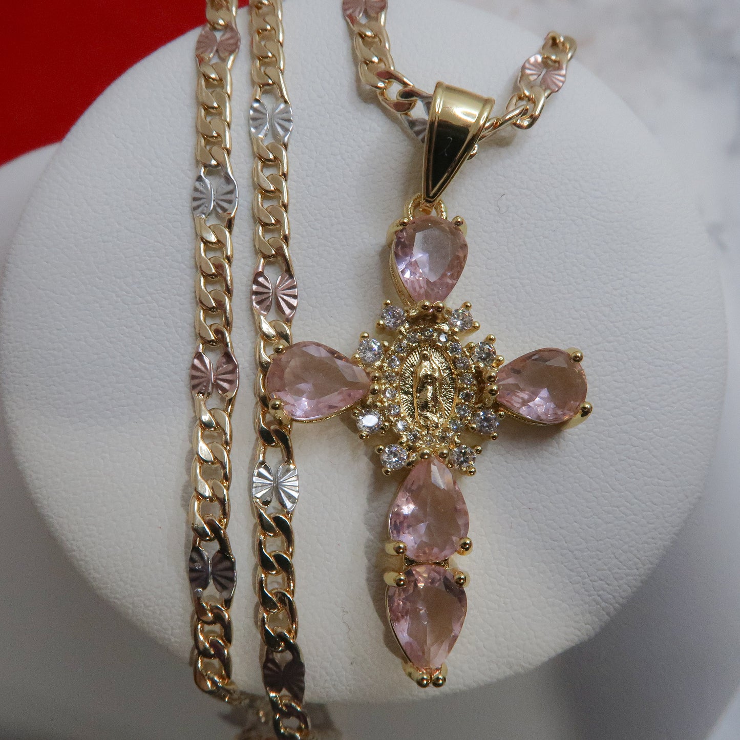 Tri-color necklace, 14k Gold Plated, Virgen de Guadalupe Pink Cross
