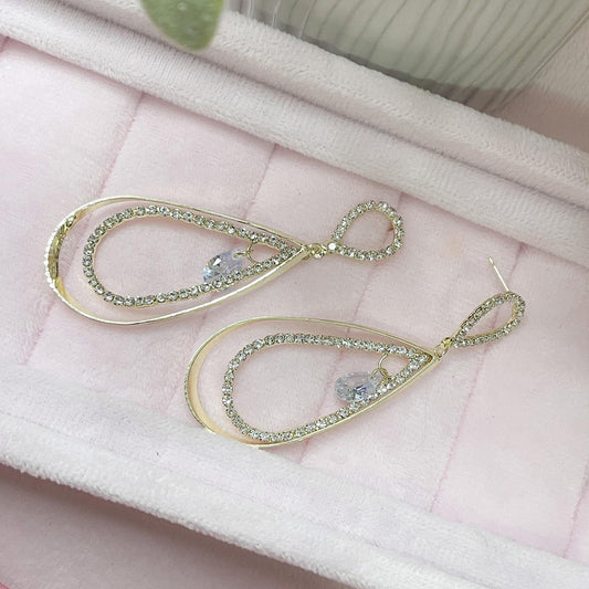 Gold Earrings, 14k Gold Plated, Rhinestones Details