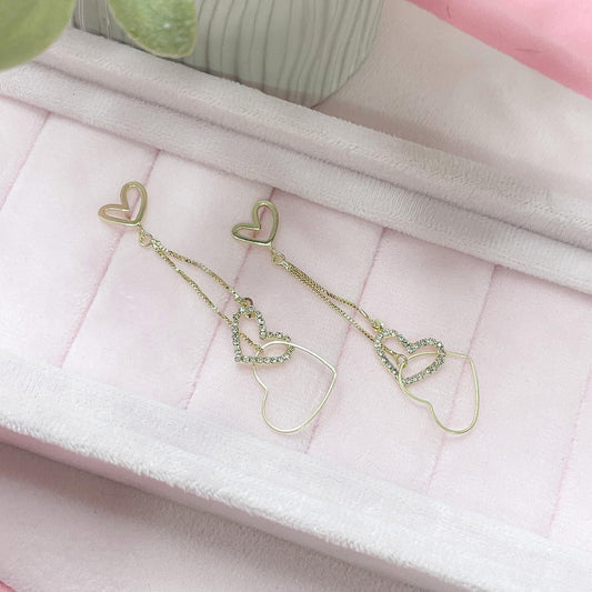 Long Heart Earrings, 14k Gold Plated, Studs Back