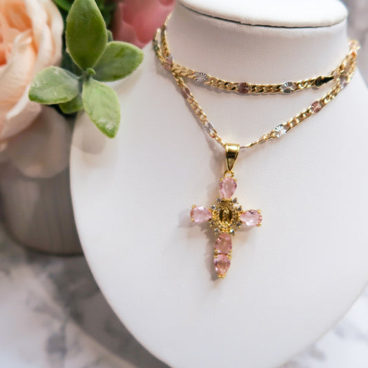Tri-color necklace, gold plated, virgen de Guadalupe pink cross